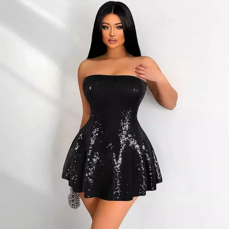 

Sexy A-line Sequins Mini Dress Women Birthday Strapless Sleeveless Party Club Christmas Prom Black Short Dresses Vestido Fiesta