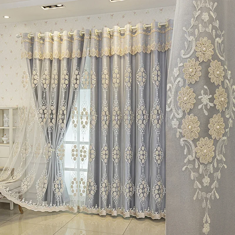 1 Panel 132cm Width European Double Layer Curtain with Valance for Living Room Bedroom Embroidered Luxury Curtain