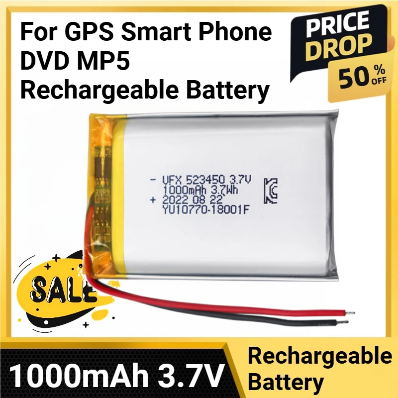 

1000mAh 3.7V Polymer Lithium Li-ion Battery JST PH2.0 2pin 523450 For GPS Smart Phone DVD MP5 Rechargeable Battery