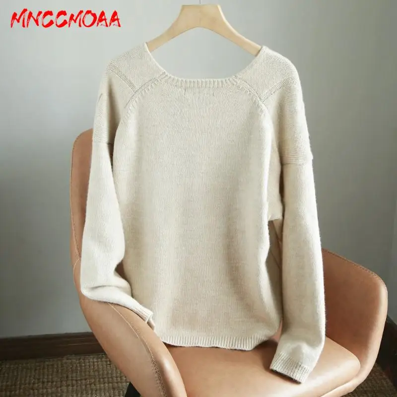 MNCCMOAA-Women's V-Neck Twist Knitted Sweater, Female Pullover, Long Sleeve Tops Monochromatic Casual Fashion Autumn Winter 2024