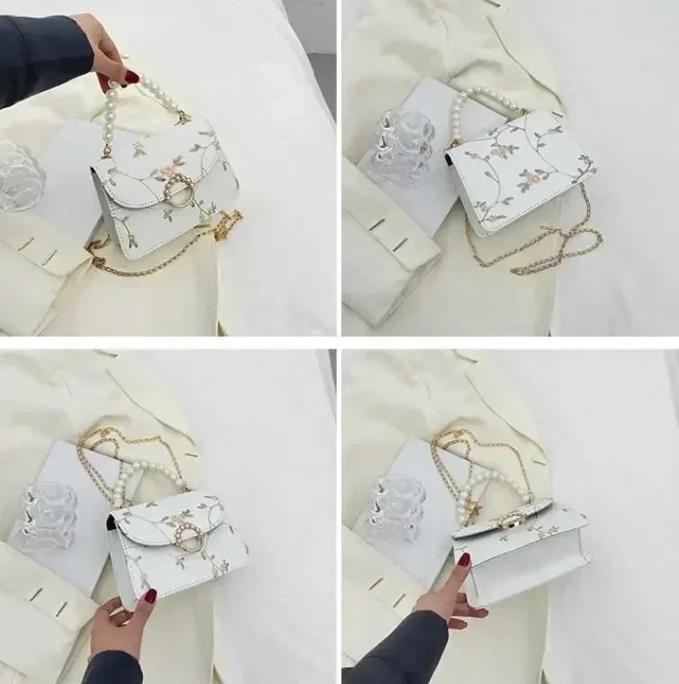 PU Flower Embroidery Shoulder Bags Messenger Vintage Pearl Chain Handbags Female Fashion Flap Crossbody Bags