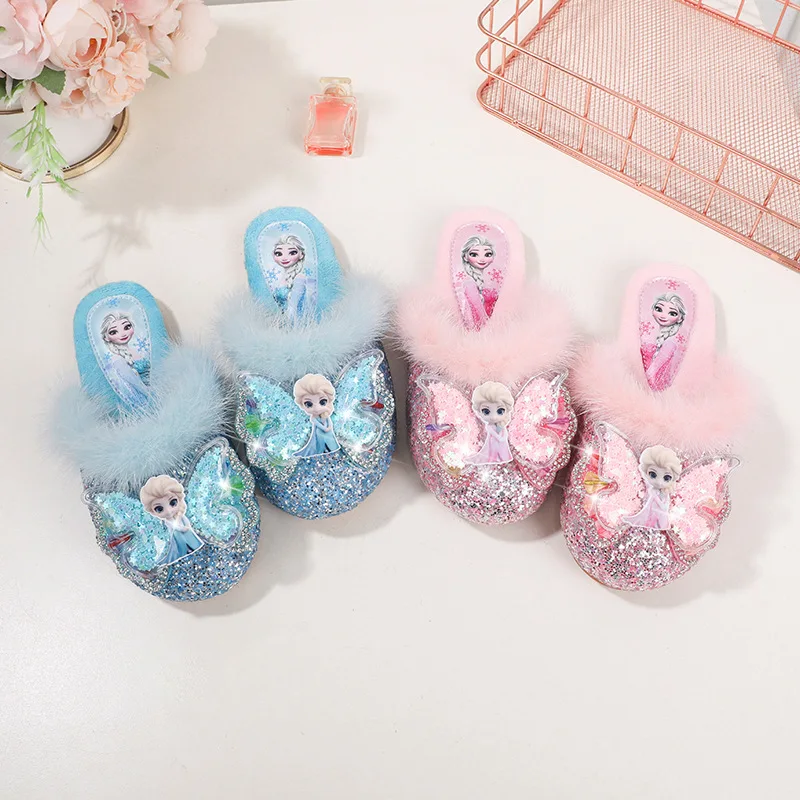 

Disney Girls Cotton Slippers Princess Cartoon Frozen Elsa Print Children Lovely Soft Warm Flat Kids Indoor Home Bedroom Shoes