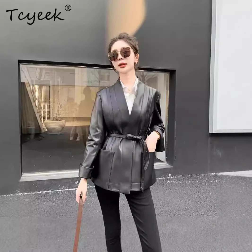 Tcyeek Natural Sheepskin Real Leather Jacket Women Clothes V-neck Spring Autumn Womens Coats Fashion Waist Belt Jaqueta De Couro