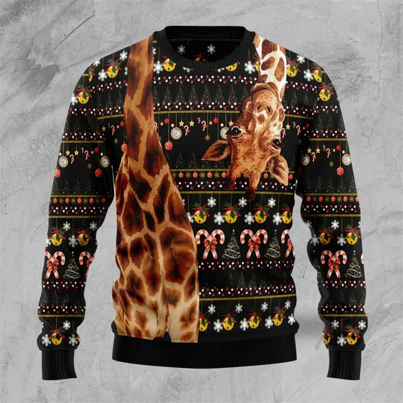 2024-2025   Sweater Men's Xmas Animal Sweatshirt Long Pullovers Tops New Year Gift