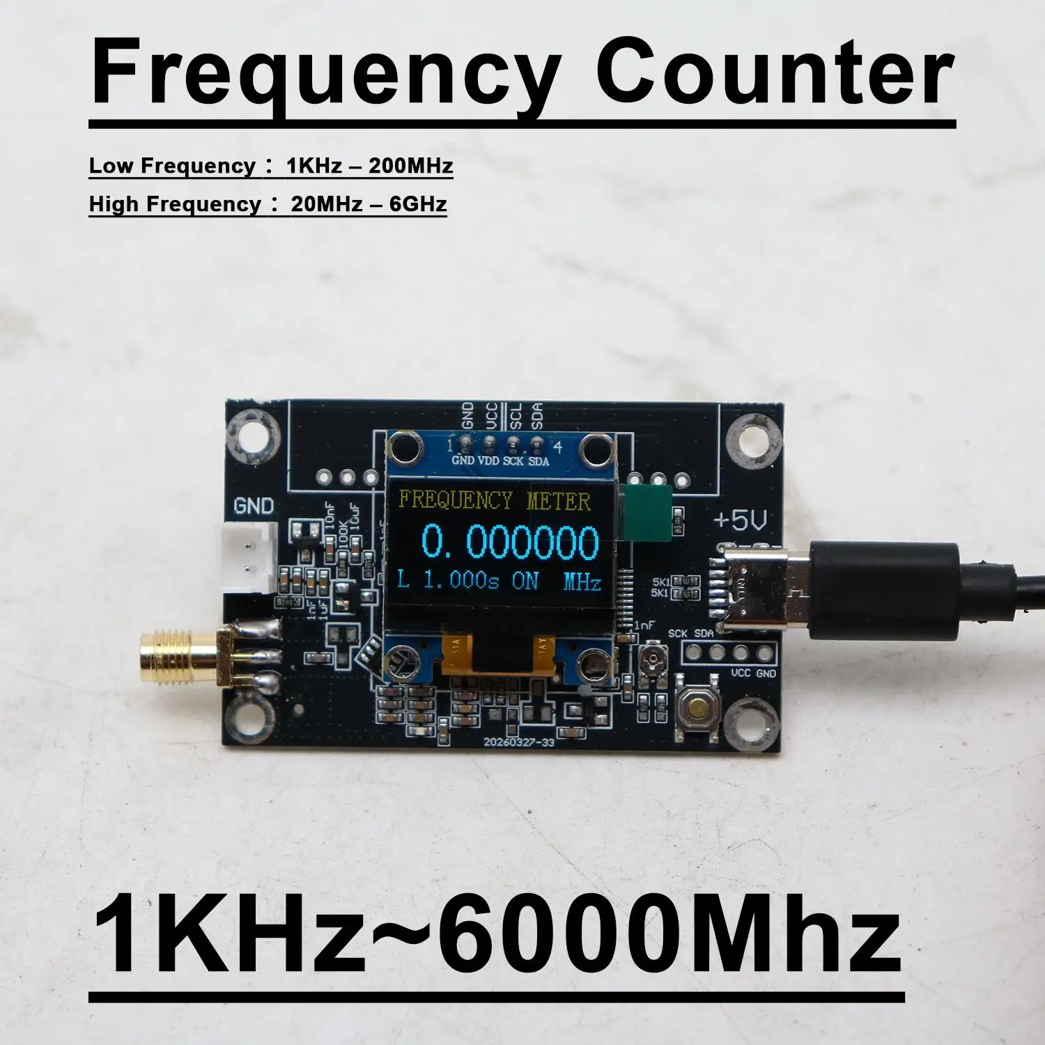 2CH 1K-200M-6000M Digital Frequency Meter 6G RF Frequency Counter Measurement Ham Radio 433M 868M 1.5G 2.4G 5G 5.8GHz SMA Tester