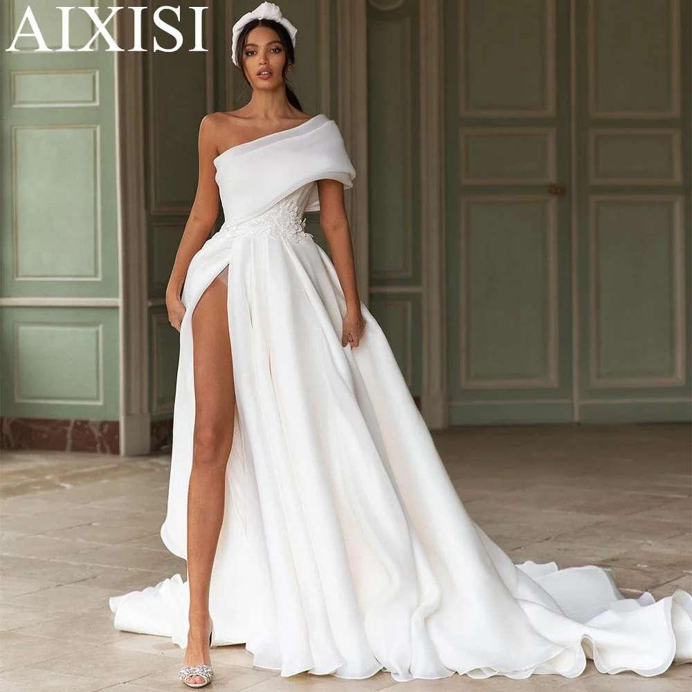 AIXISI Boho High Side Split Wedding Dresses Lace Appliques One Shoulder Bride Gowns with Big Bow Sleeveless A-Line Dress