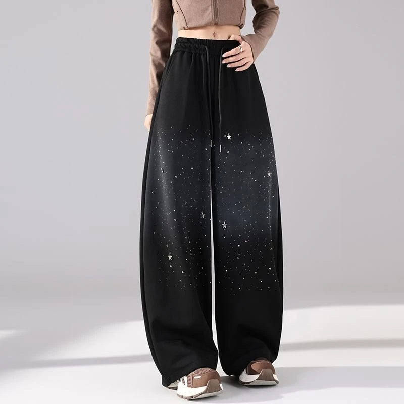 Fall Winter Women Gradient Rhinestone Star Sweatpants Elastic Waist Wide Leg Curved Hem Street Style Pants