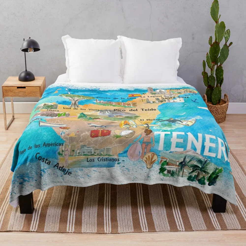 Tenerife Canarias Spain Illustrated Map with Landmarks and Highlights Throw Blanket heavy to sleep Furrys Blankets