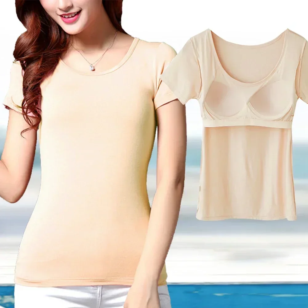 Casual Top Women With Built In Bra T-shirt Ladies Push Up Padded Layer Short Sleeve Solid Color Basic T Shirts Female Clothing