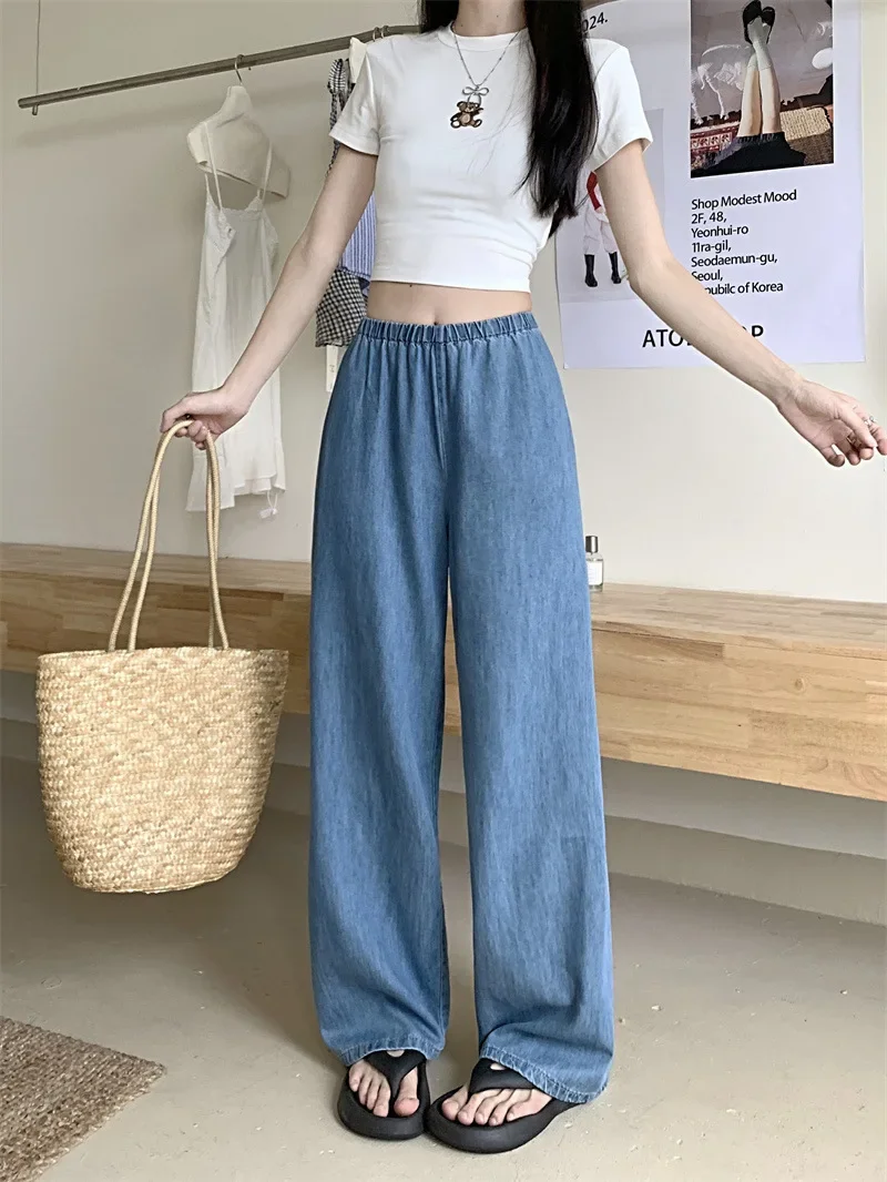 Korean Style High Waist Wide Leg Thin Ice Silk Jeans Women Summer Loose Fit Large Size Straight Pants Streetwear Women Y2k