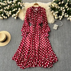 Retro Elegant Pleated Puff Sleeves dot sweet Dress Beach Vacation Casual Women A-LINE chiffon Fashion Summer basics Dresses
