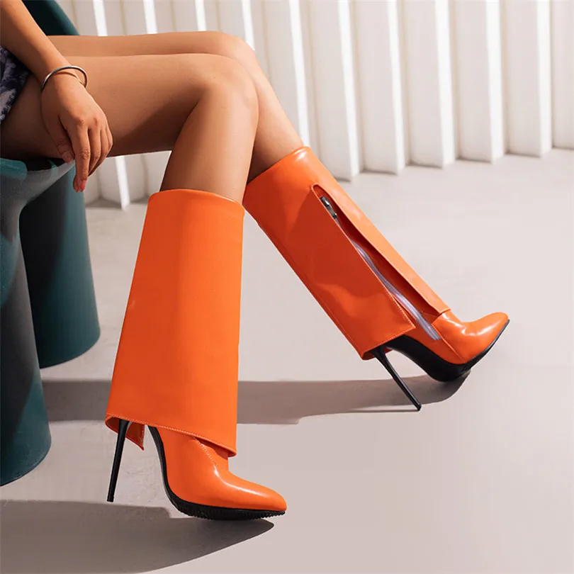 Trendy Women Fold Mid Calf Boots Rosy Red White High Stiletto Heels Winter Autumn Party Club Lady Zipper Pointed Toe Pant Boots