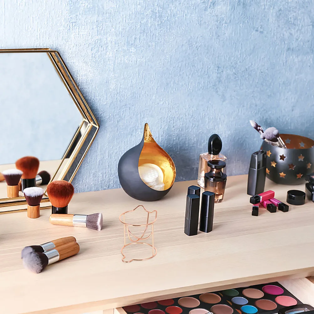 Roosgouden make-up spons houder, metalen kattenvormige droogstandaard voor puff-opslag, display en organizer