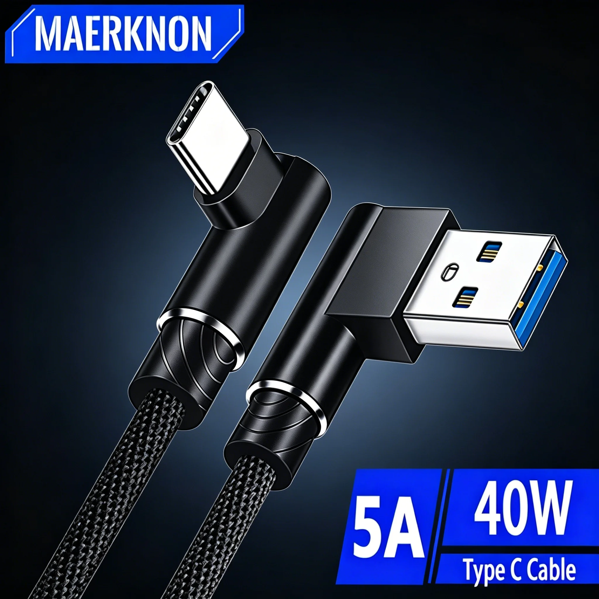 40W Dual Elbow Fast Charge Data Cord 5A USB Cable 90 Degree Design Not Easy to Fold High Quality Mobile Phones Cable Accessories