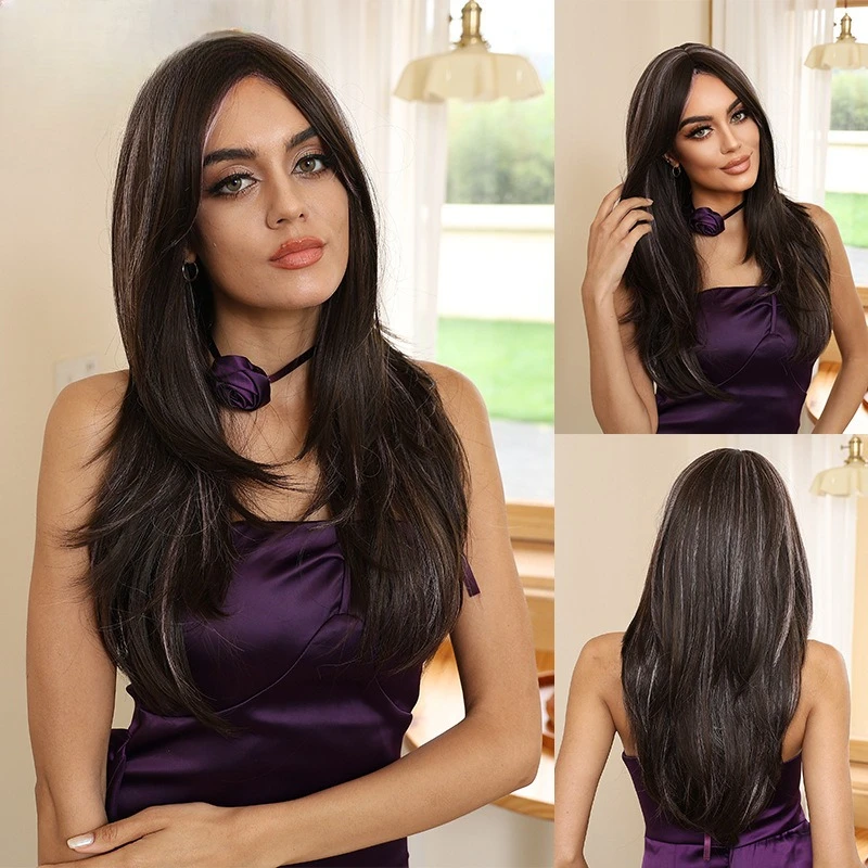 

European and American high temperature silk dark brown medium and long straight hair wig, natural vertical and smooth, showing t