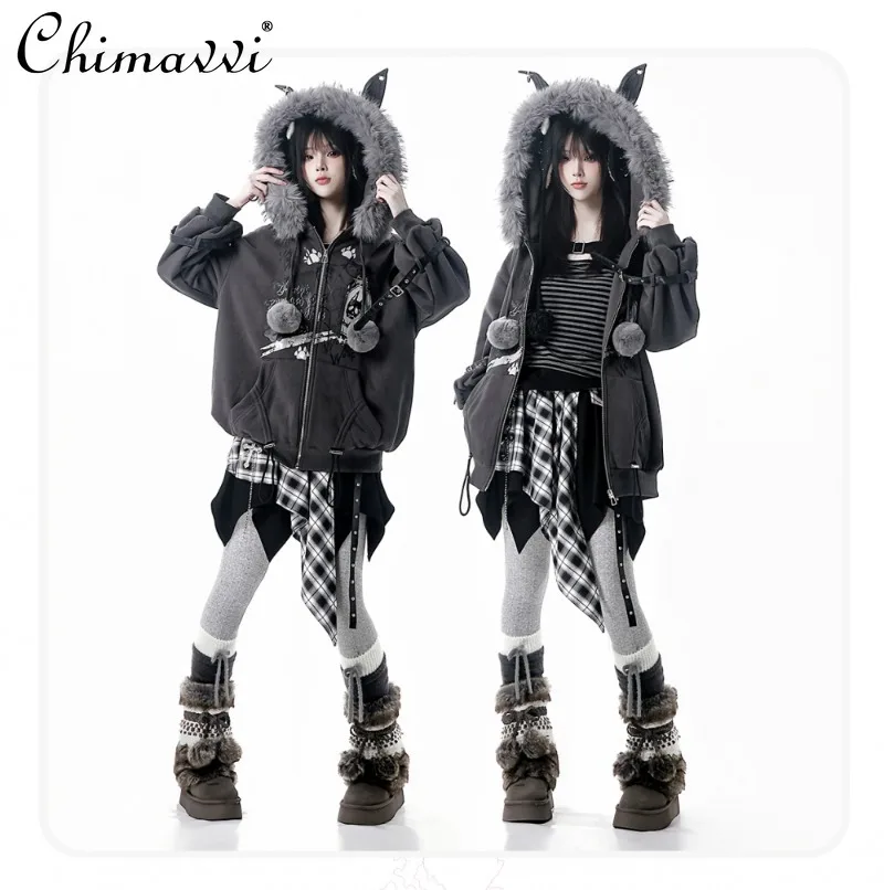 

Winter New Japanese College Style Big Fur Collar Fur Ball Hat Rope Dark Gray Fleece-Lined Coat Base Shirt Skirt Women's Set