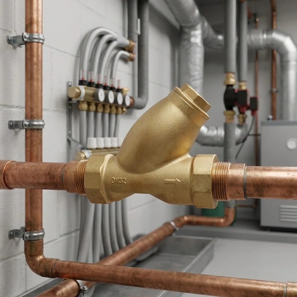 DN32 Brass In-Line Filter Valve with Stainless Steel Mesh for Flow Assurance in Hydronic Circuits and Heat Sources