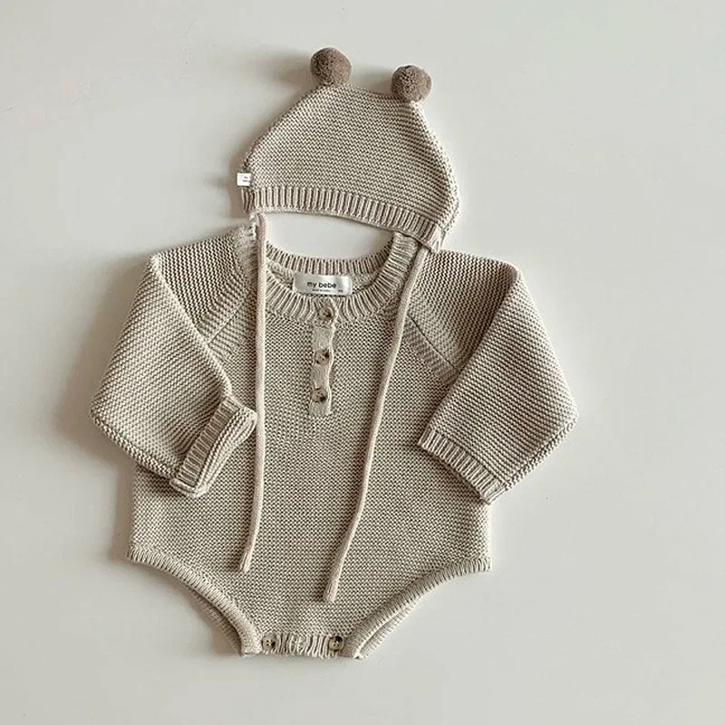 

Kid Romper Korean Style Children Clothing Knitted Onesie Autumn Boys and Girls Baby Cute Little Hat Cover Fart Crawling Sweater