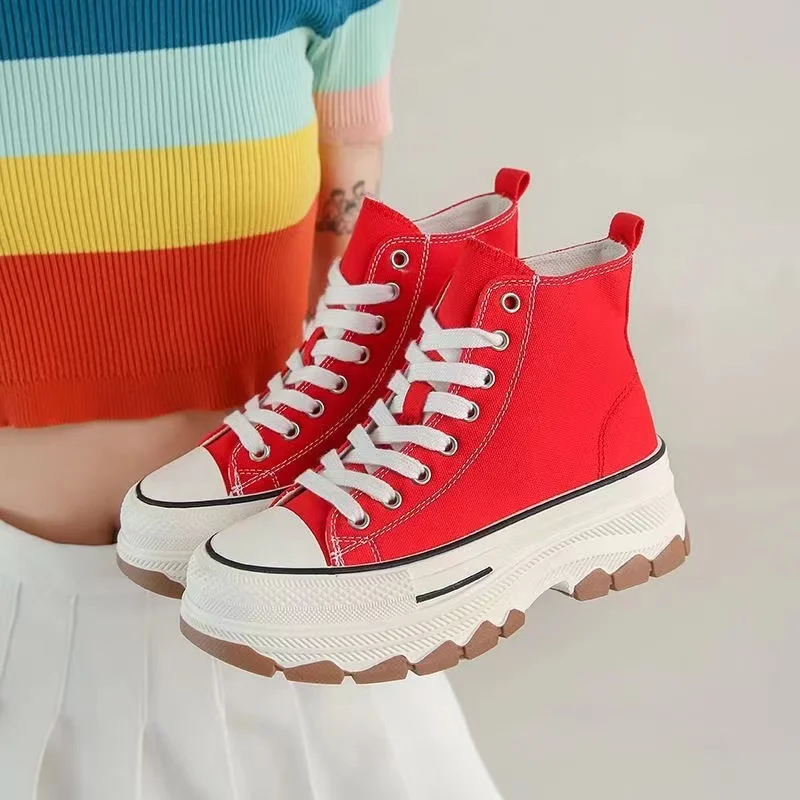 Women Canvas Shoes High Top Vulcanize Shoes Lace Up Casual Sneakers Plarform Height Increasing Girl Shoes Female Ankle Boots