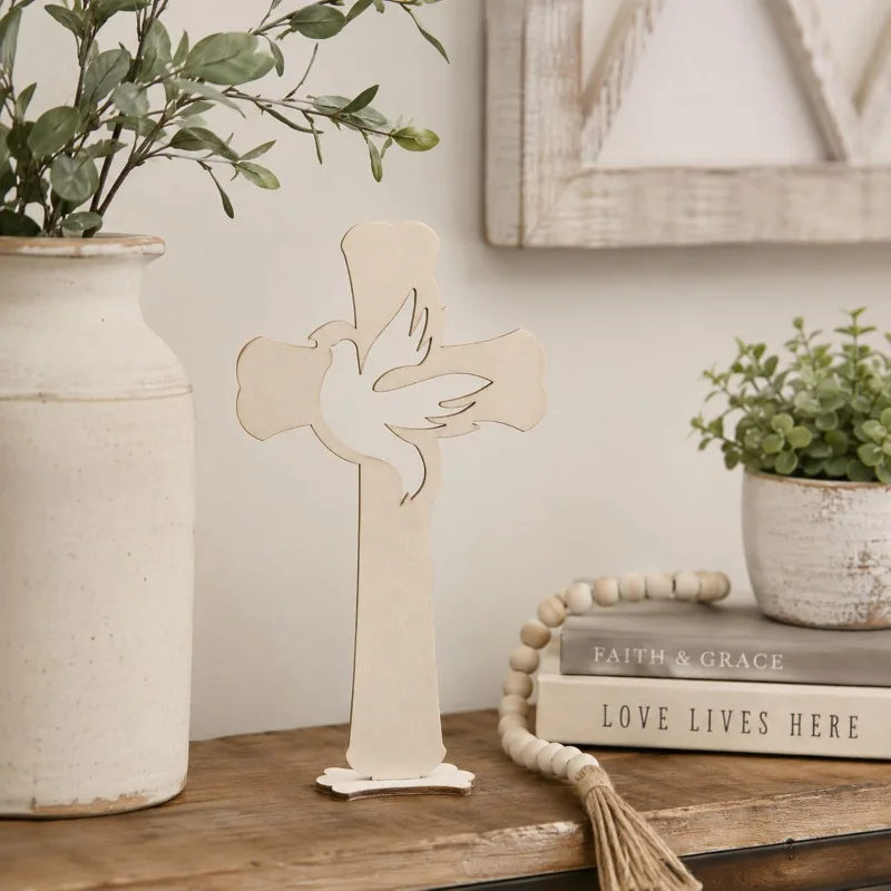 Wooden Peace Dove Cross Slices 10cm Unfinished Wood Cross Dove Cutouts Craft Ornament Christian Religious Home Decoration Gift view 3
