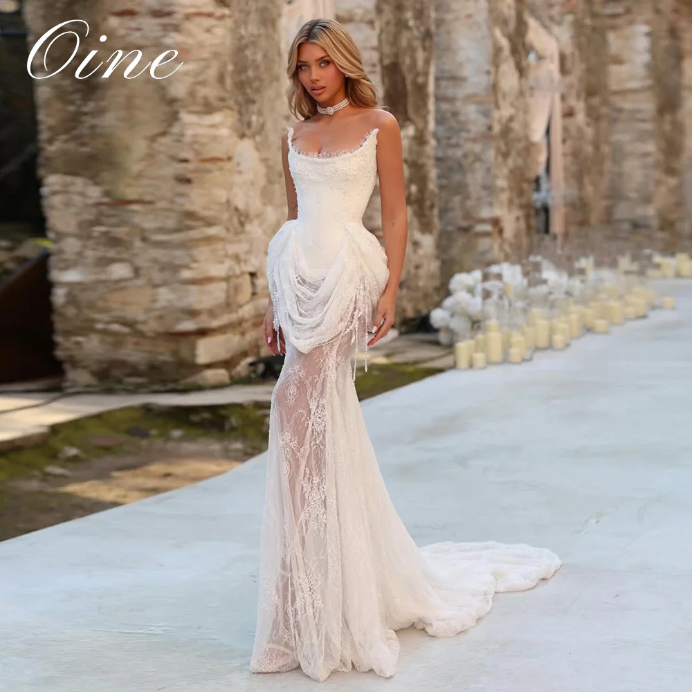 Oine Customized White Lace Strapless Neck Wedding Dresses Sleeveless Zip Back Bridal Gown 2026 Elegant Mermaid Wedding Gown