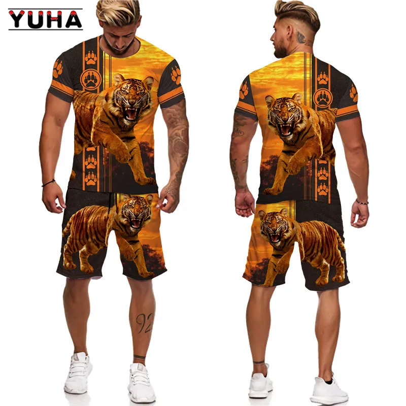 YUHA,Tiger King 3D Printed Men\'s T-shirt+Shorts Suit Unisex Cool Animal Summer O-Neck Tops Men/Women Couple Sport Wear Tracksuit