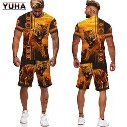 YUHA, hổ Vua 3D In Áo Thun Nam + Quần Short Áo Unisex Thoáng Mát Động Vật Mùa Hè Cổ Tròn Chui/Nữ Cặp Đôi thể Thao Phù Hợp Với Áo