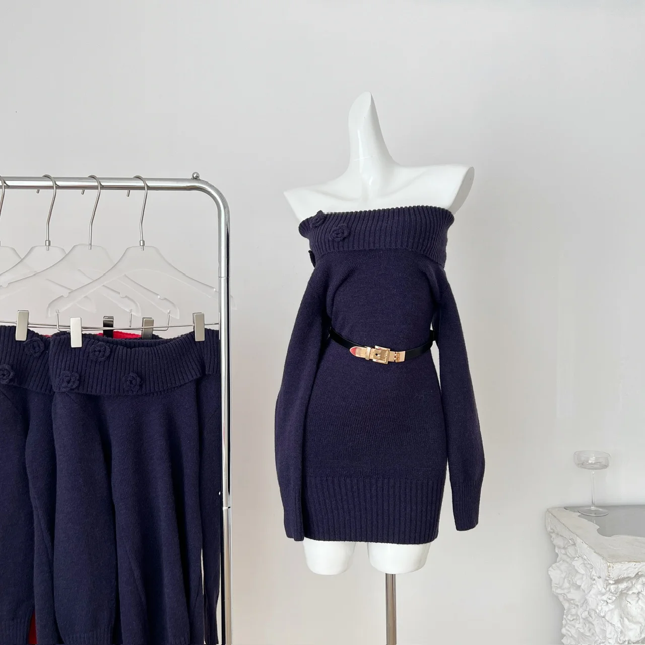 

Red Knitted Slim Fit Long Sve Dr Women's Faionable Ele Body a Beautiful Wrap around Skirt Korean Sle