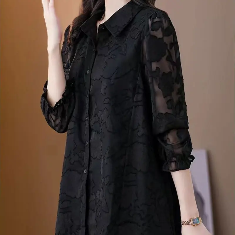 Office Lady Stylish Jacquard Weave Blouse Korean Solid Color Women\'s Clothing Casual Spring Autumn Single-breasted Lapel Shirt