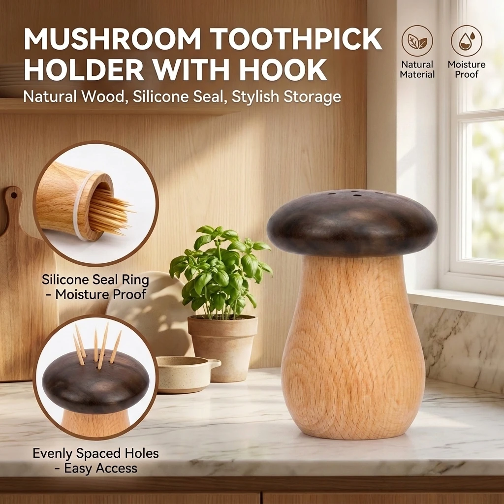 Mushroom Shaped Toothpick Box with Simple Operation and Sealing Ring That Does Not Come Off, Convenient to Use, Large Capacity