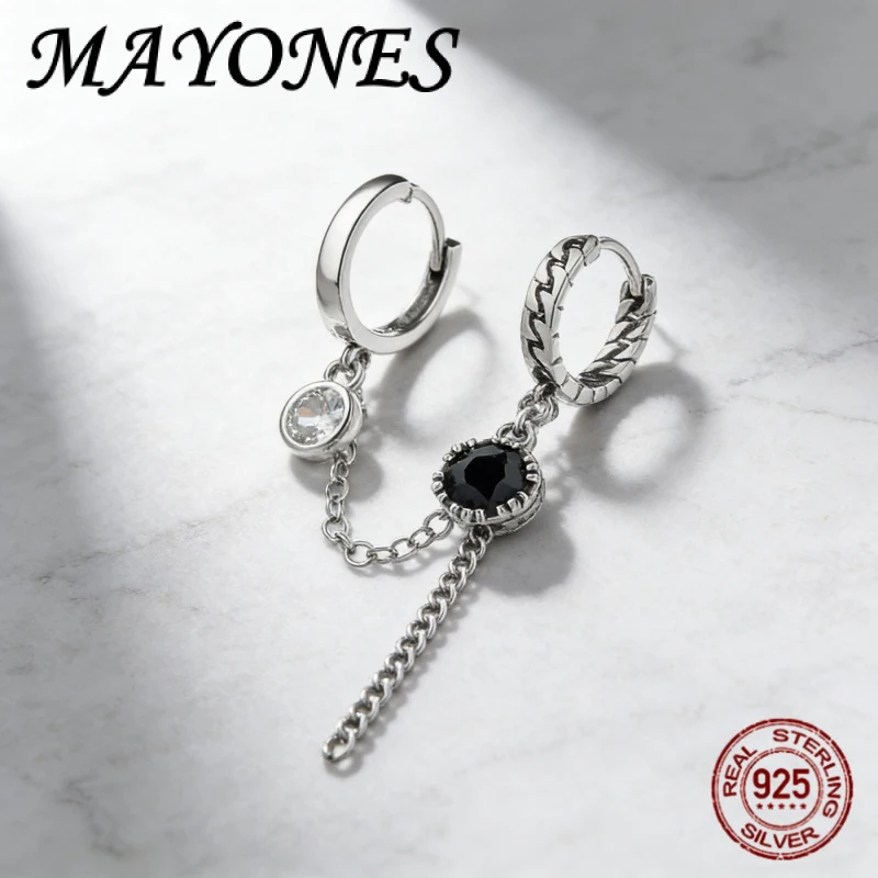 

S925 Silver personality Black Zircon Tassel Double Ear Hoop Earrings For Women Fashionable And High-end Design Unique Jewelry