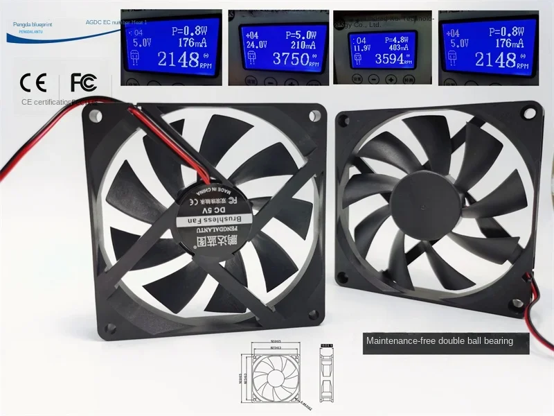 

9215 9015 Двойной шарикоподшипник 9 см DC Бесщеточный 24 V12v5v Макс. скорость воздушного потока Бесшумный вентилятор охлаждения корпуса