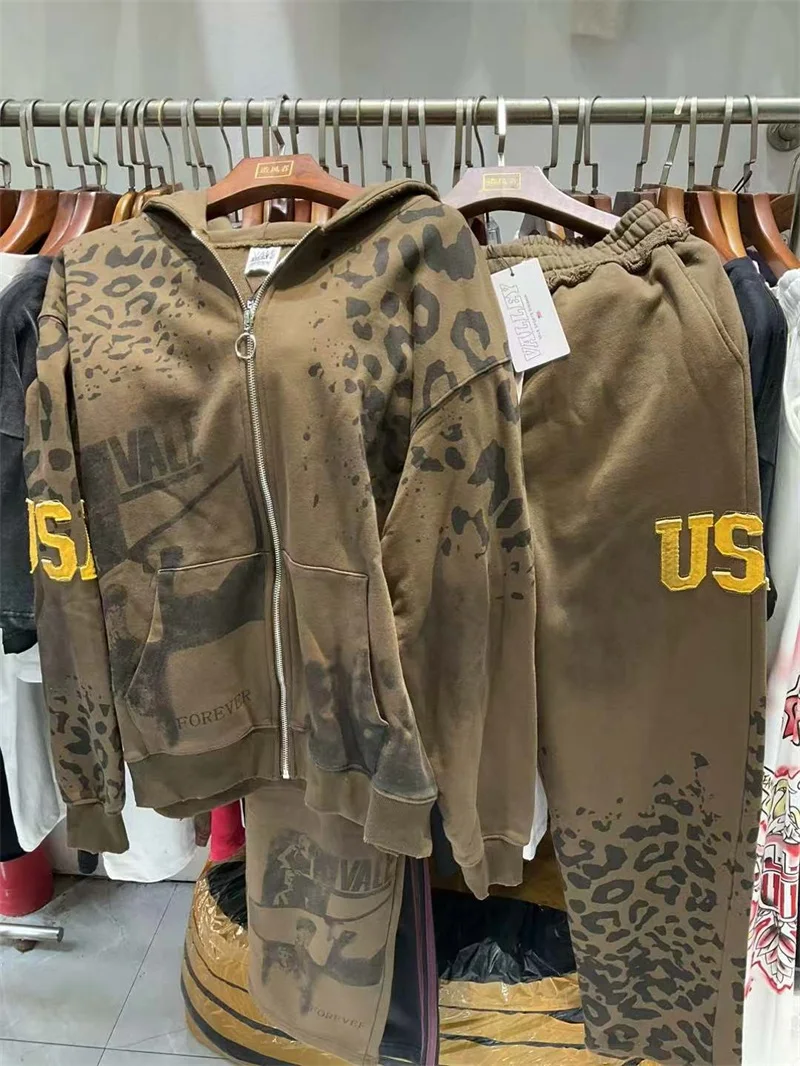 Sudaderas con capucha con estampado de leopardo VALLEY marrón para hombres y mujeres, sudadera blanca de gran tamaño Vintage americana de la mejor calidad