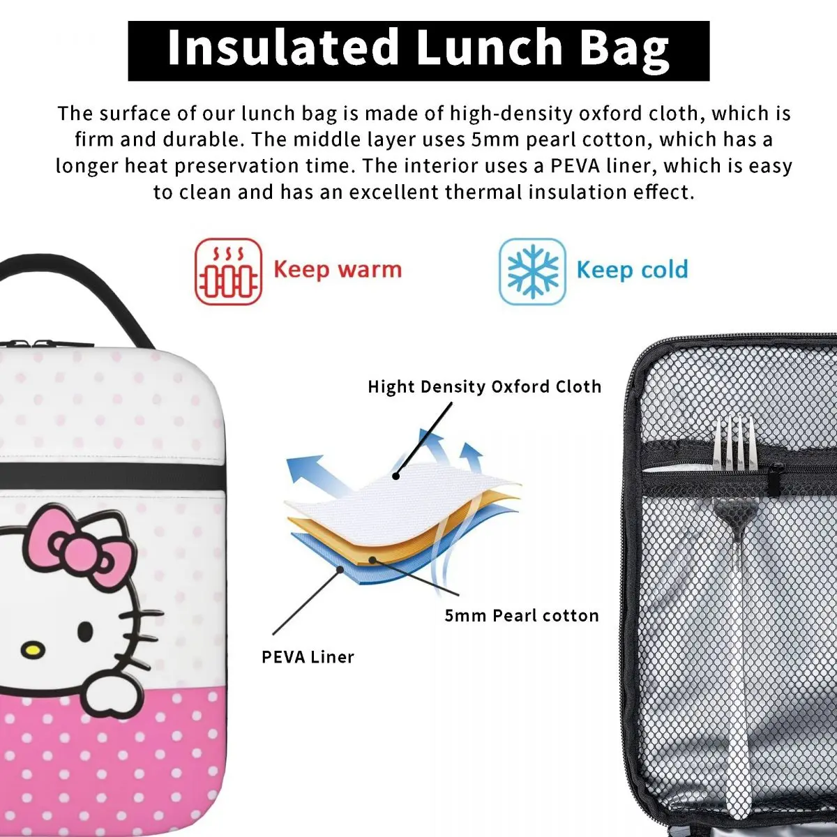 Borsa termica per il pranzo con isolamento grafico Hello Kitty Contenitore per pasti ad alta capacità Tote Lunch Box Food Bag Work Outdoor