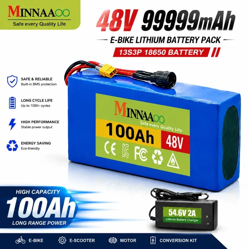 MINNAAOO 48V 100Ah Lithium Battery Pack 13S3P 18650 Li-ion Battery with BMS for E-bike Electric Scooter Motor Conversion Kit