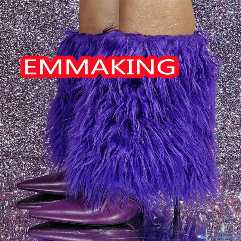 الأرجواني طويل ريشة أشار تو حذاء من الجلد 2024 موضة مثير المدرج رقيقة كعب الشتاء أحذية النساء أحذية الشتاء الجديدة حجم 44