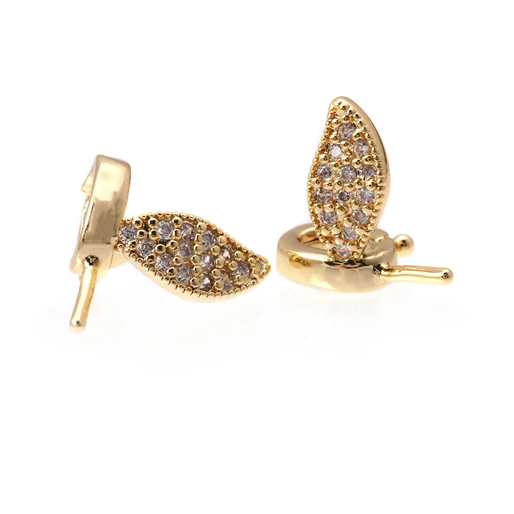 6PCS 18K Gold Color Brass Zircon Can Fit Beads Tree Leaf Leaves Necklaces Pendants Connector Charms Snap Clip Clasps Diy Making