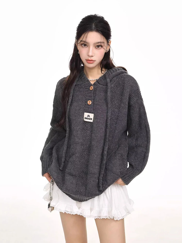 Harajuku Retro Hooded Sweater Korean Lazy Style Kintted Pullovers Women Loose Casual Solid Color Sweater Autumn Winter