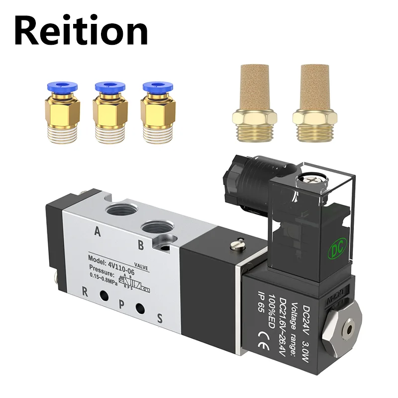

4V410-15 Пневматический электрический AC220V DC12V 24V с ПК jiont Электромагнитный клапан 5-ходовой 2-позиционный контроль Воздух Газ Магнитный ﻿ ﻿