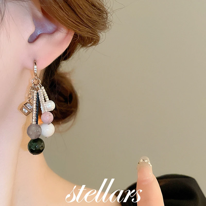 

Square Zircon & Agate Rice Bead Strand Ear Hooks Ethnic Style Vintage Temperament Light Luxury Niche High-End Earrings