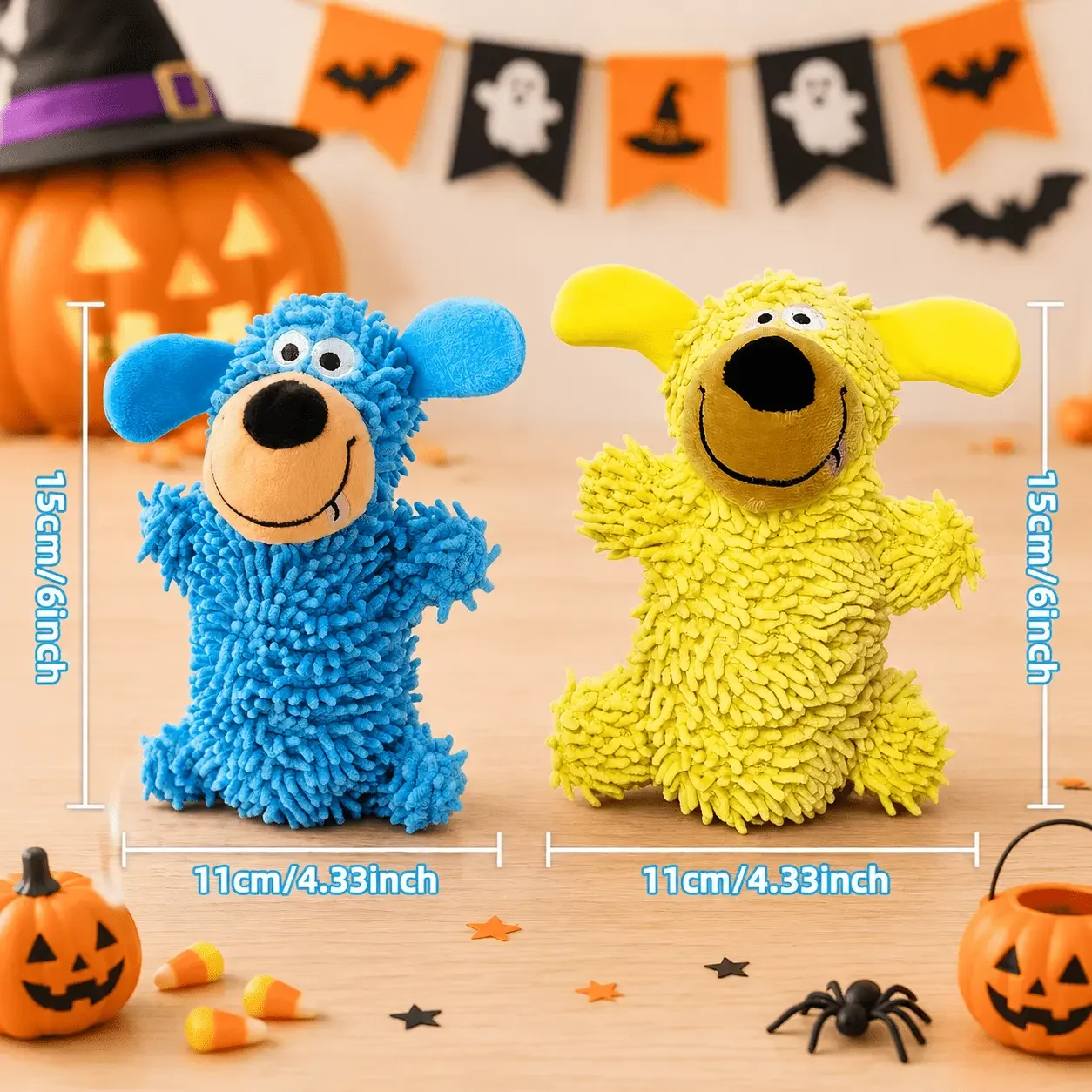 Squeaky Plush Dog Toy, Interactive Shake-to-Squeak Puppy Toy with Built-in Squeaker, Soft Mop Fabric, Random Blue or Yellow, Chew & Teething Toy for Small Medium Dogs, Halloween Dog Gift