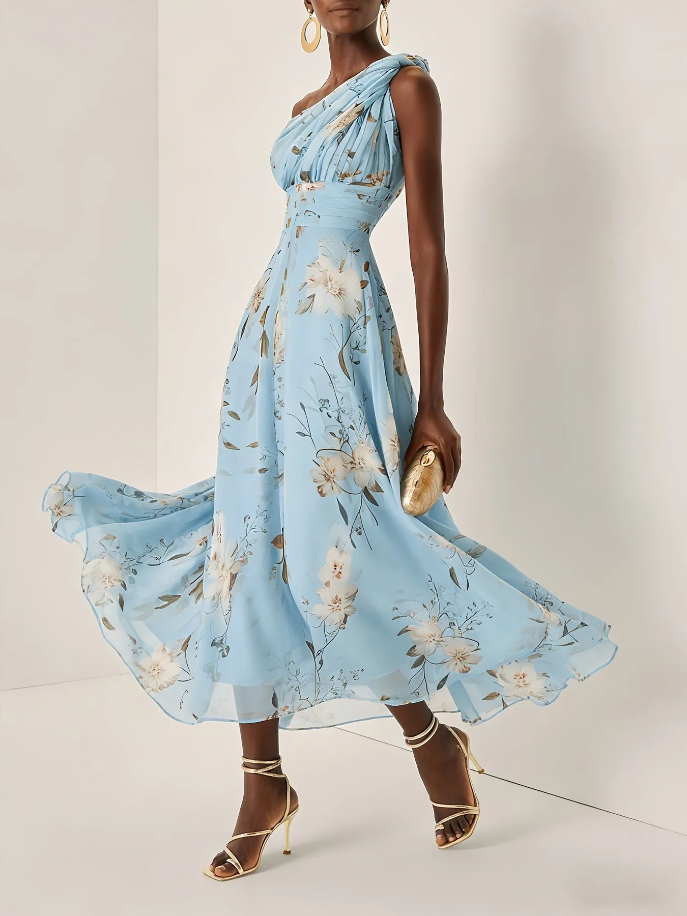 

Summer Elegant Party Dress Women's Chiffon Floral Print Dresses One Shoulder Sleeveless Maxi Dress Light Blue Ruched Bodice A