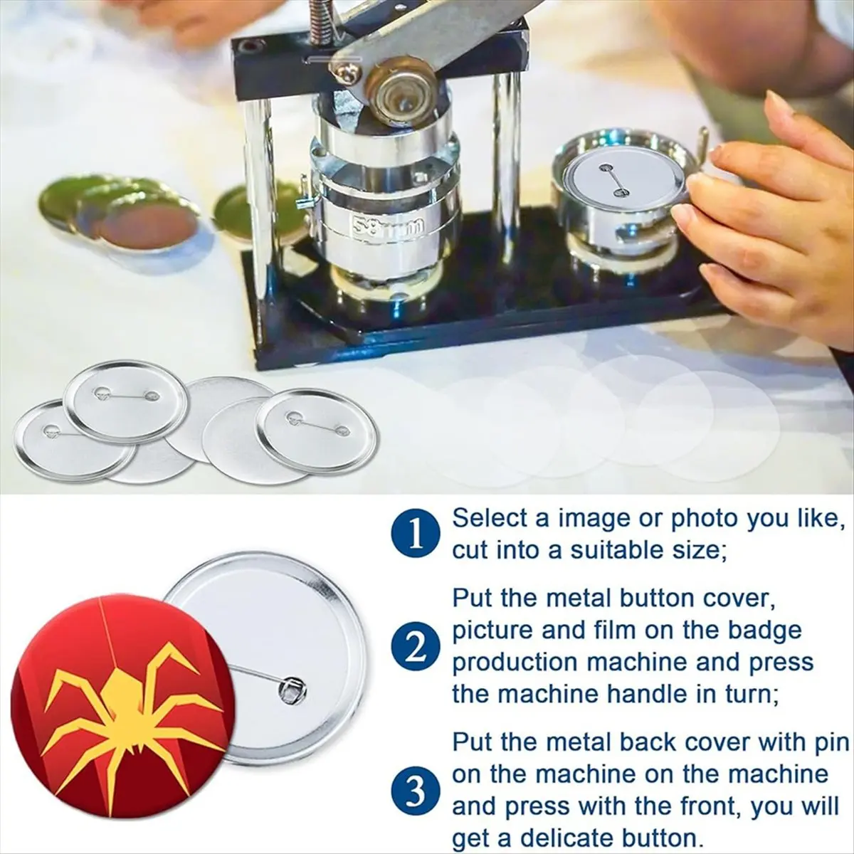 A77K 150 Pcs 2.28inch(58mm) Button Blanks Kit- for Custom Pins, Includes Metal Shells, Pin Backs&Clear Film