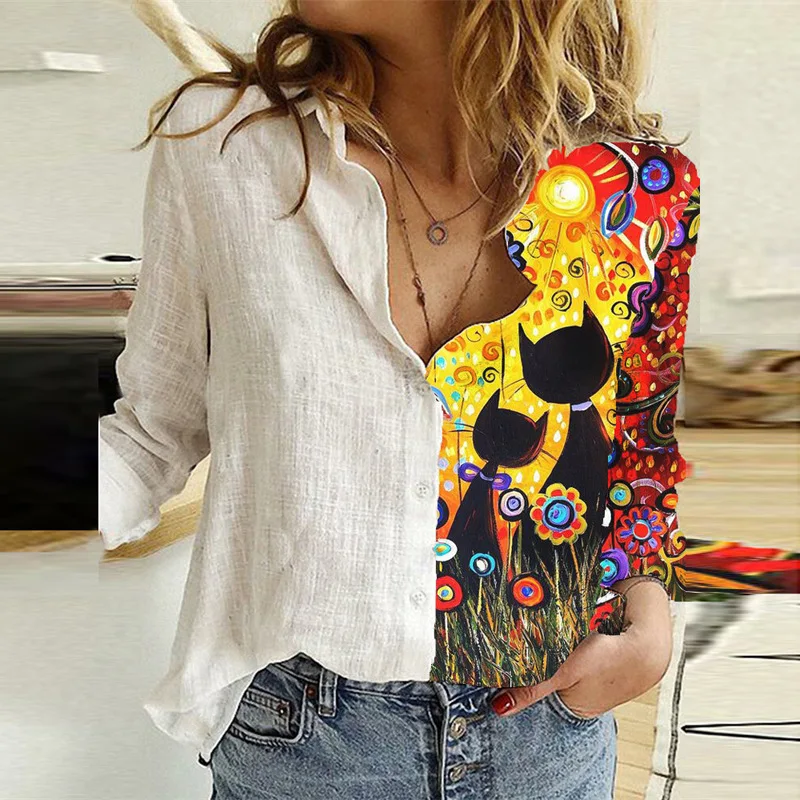 Women Casual Office Lady Vintage Button Spring Summer Loose Blouses and Shirts Loose Cartoon Printing Patchwork T Shirt Tops