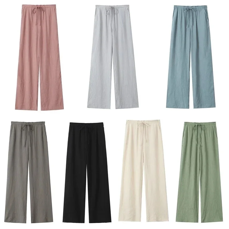 Women Linen Wide Leg Pants Summer Beach Long Pants Casual Drawstring Loose Beach Trousers