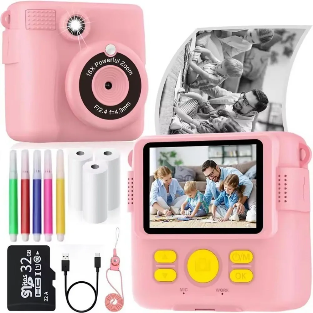 

Instant Print Camera for Kids, Christmas Birthday Gifts Girls Boys Age 3-12, HD Digital Video Cameras Toddler, 32GB SD Card