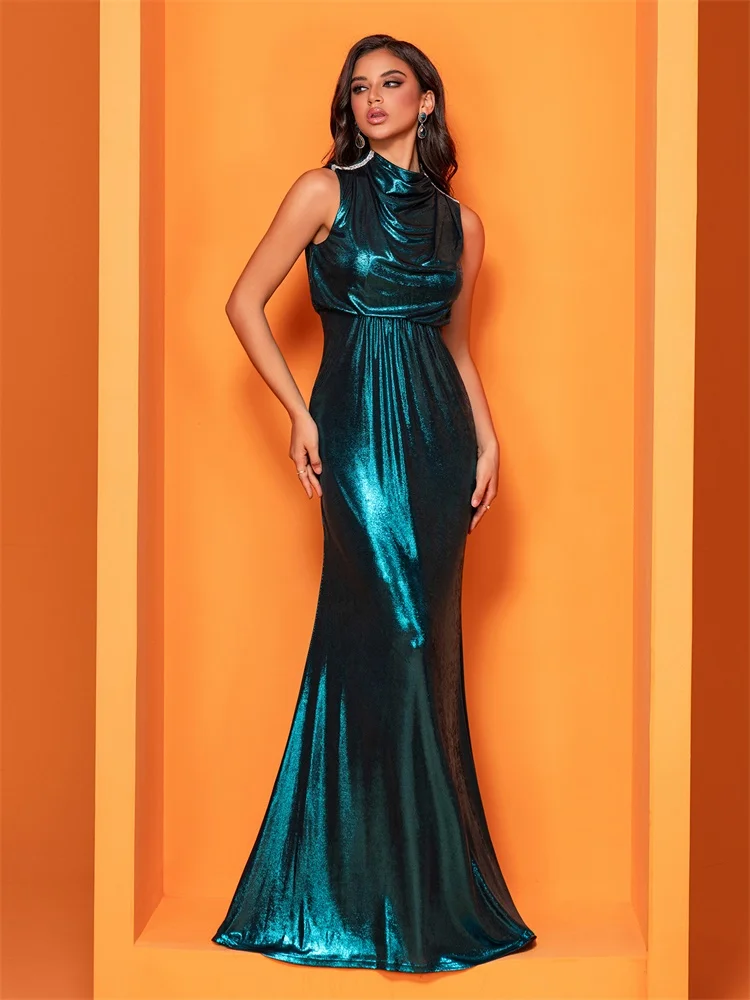 

Lucyinlove Elegant High Neck sleeveless Sparkle Floor Length Evening Dress Green Mermaid Bridesmaid Party Gowns Cocktail Prom