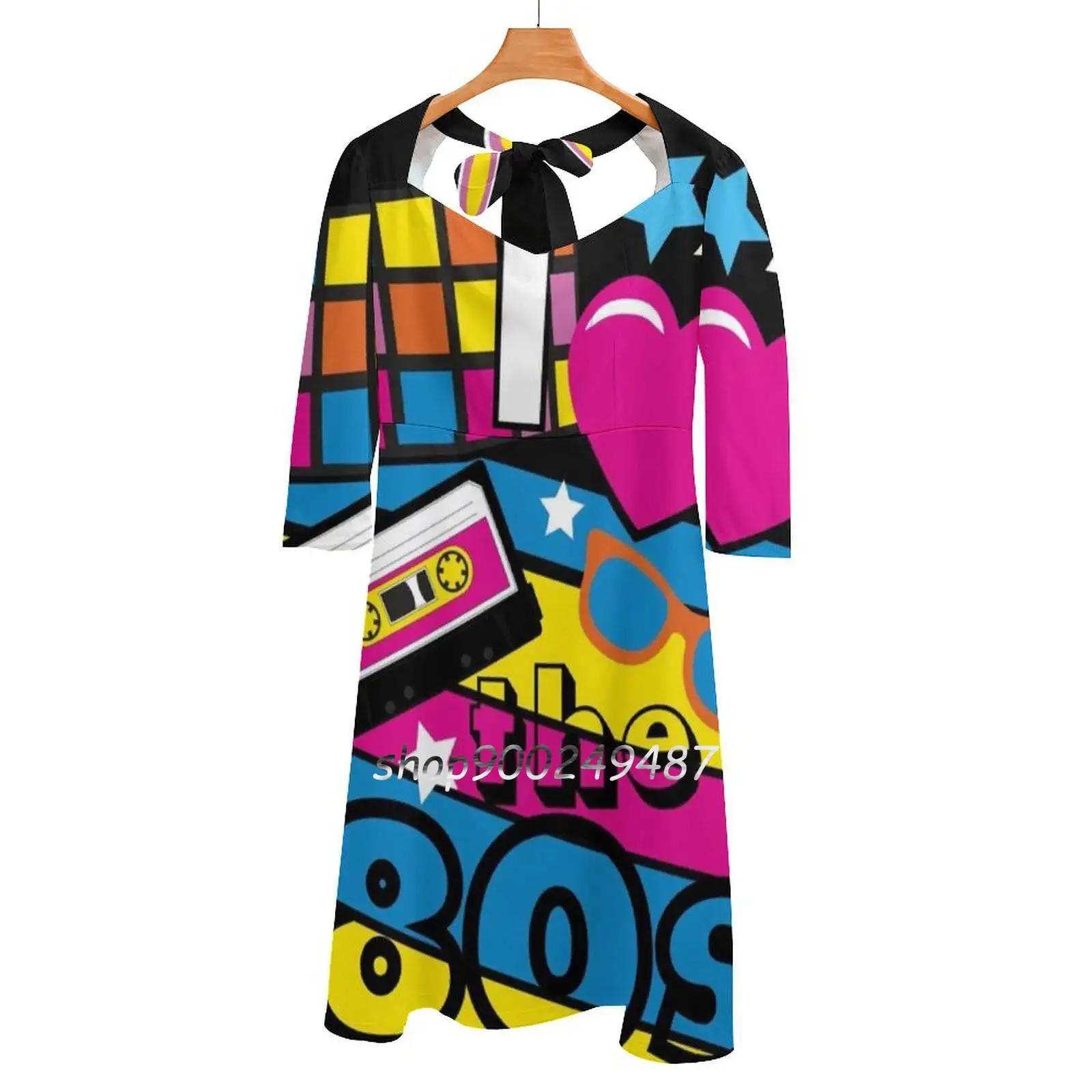 

I Love The 80S! Cool Neon Pop Culture Shirt & Gifts Sweet Elegant Dress Women Korean Kawaii Square Collar Dress Neon 80S Pop