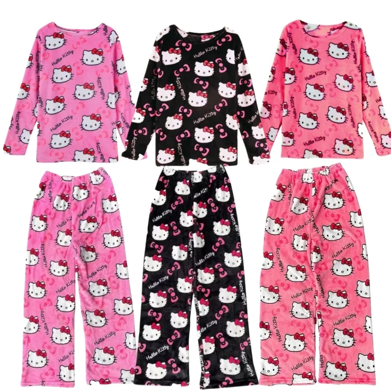 

Sanrio Hello Kitty Pajamas Set Cute Anime Female Flannel Winter Sleeping Wear Kawaii Cartoon Home Clothes Set Gift for Holidays