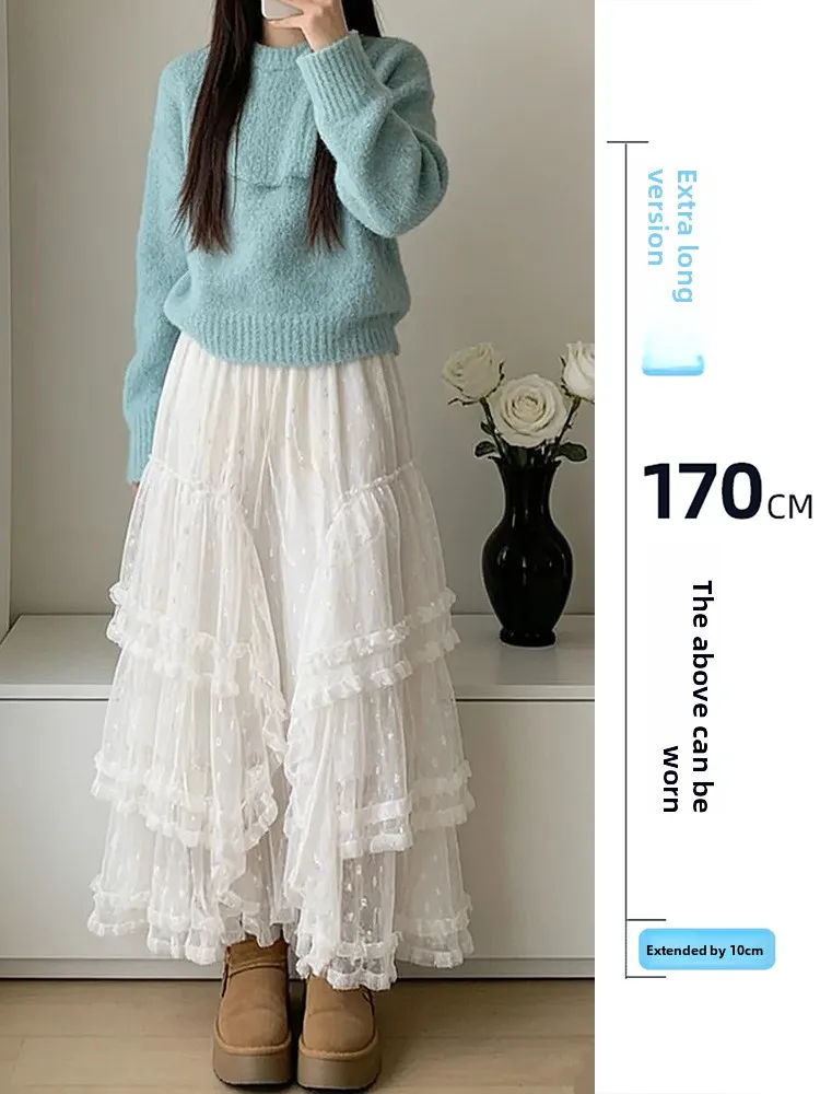 

Удлиненная кружевная плиссированная юбка для женщин, балетный стиль, с широким подолом, весна-осень, белая, пышная, полускафолок, с эффектом объема